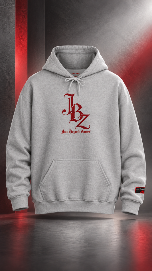 Initials Logo Hoodie — JBZ Red Gothic Script Pullover