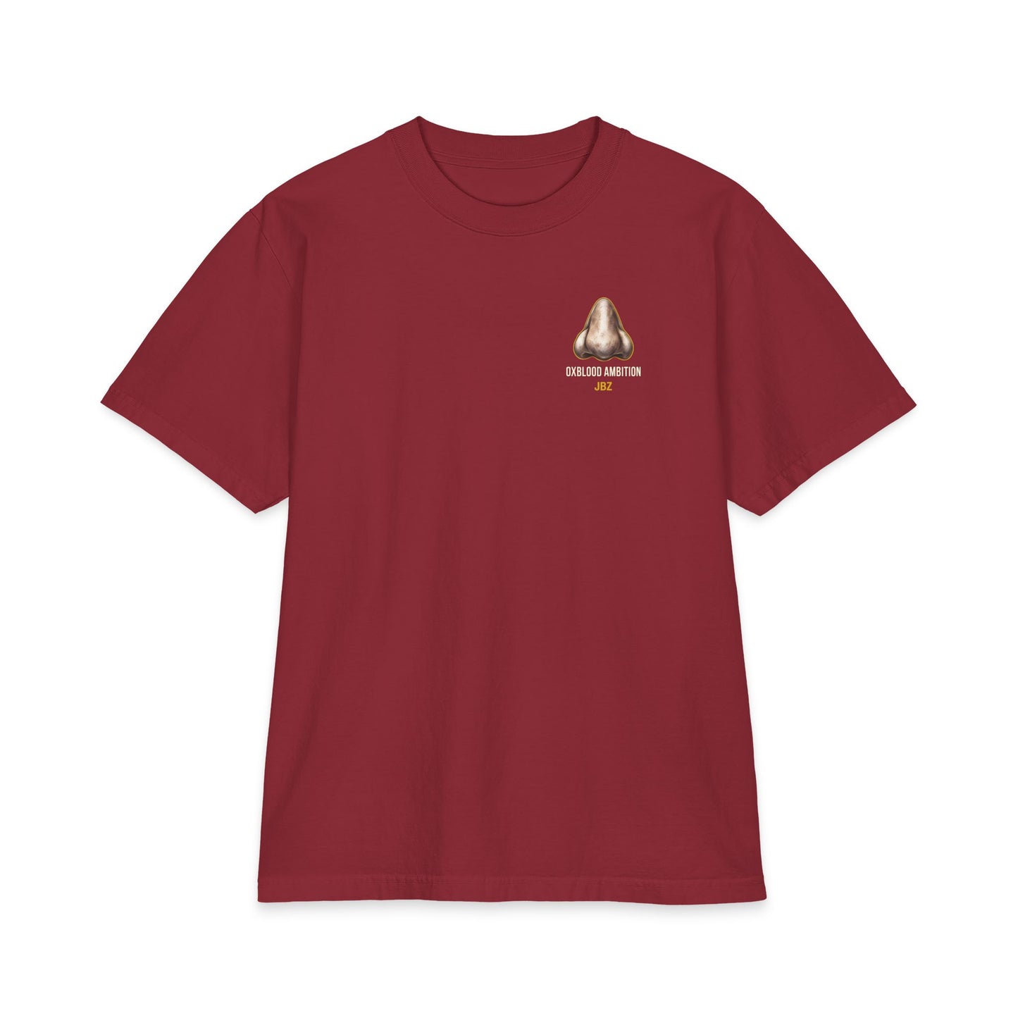 T-Shirt — Oxblood Ambition Graphic Tee (Front Nose Logo, Back Retro JAZ Portrait)