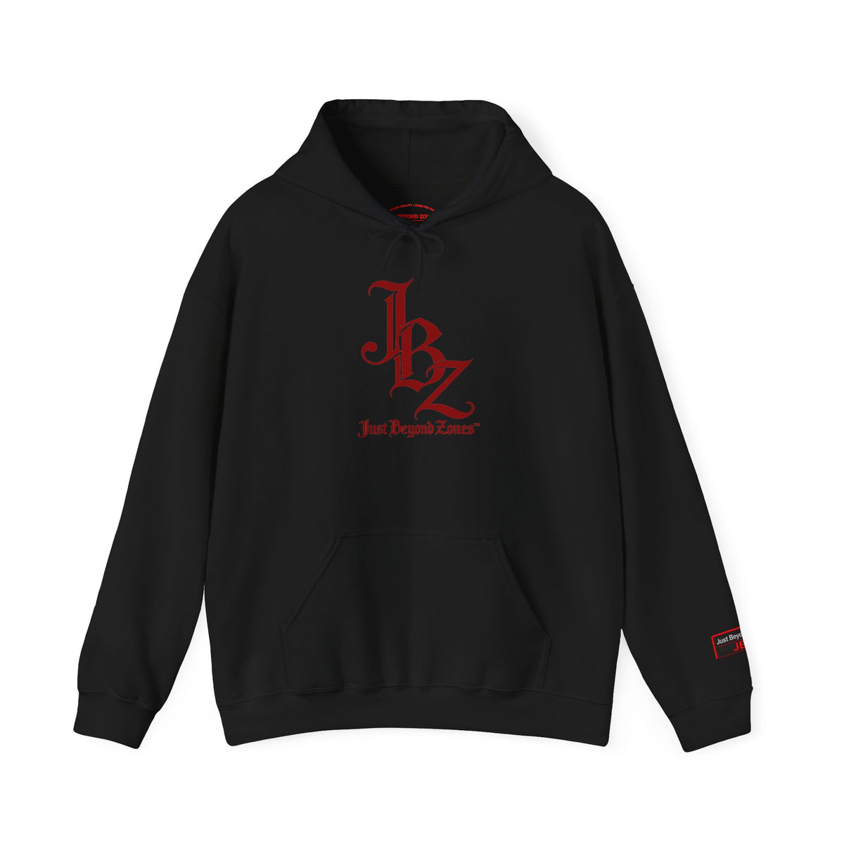 Initials Logo Hoodie — JBZ Red Gothic Script Pullover