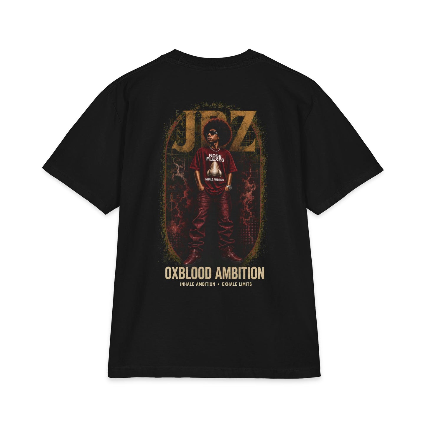 T-Shirt — Oxblood Ambition Graphic Tee (Front Nose Logo, Back Retro JAZ Portrait)