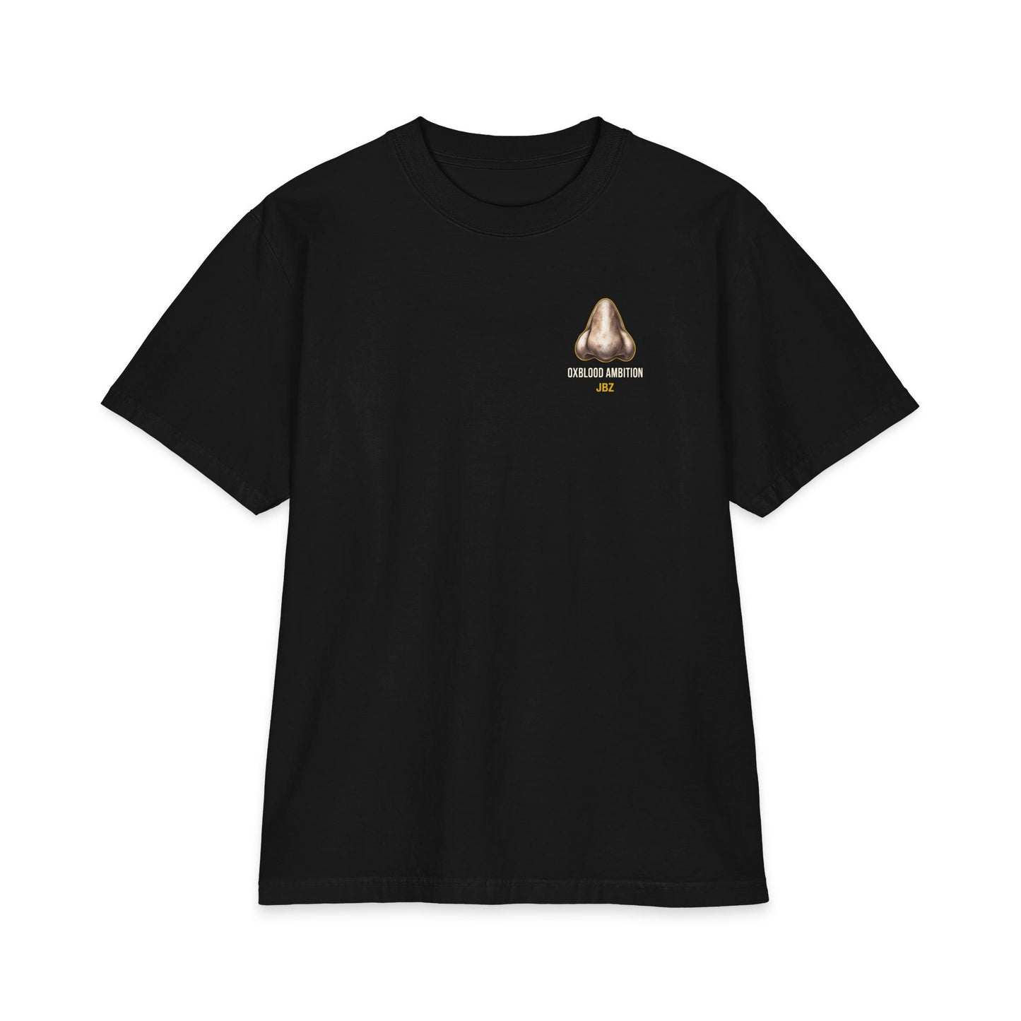 T-Shirt — Oxblood Ambition Graphic Tee (Front Nose Logo, Back Retro JAZ Portrait)