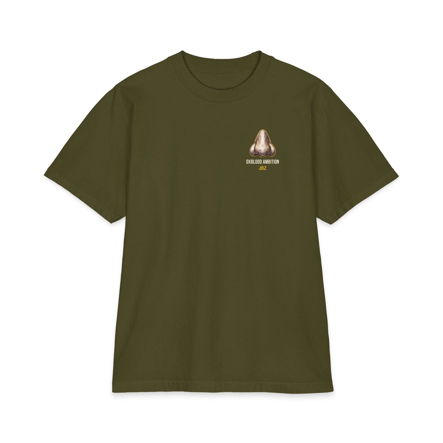 T-Shirt — Oxblood Ambition Graphic Tee (Front Nose Logo, Back Retro JAZ Portrait)