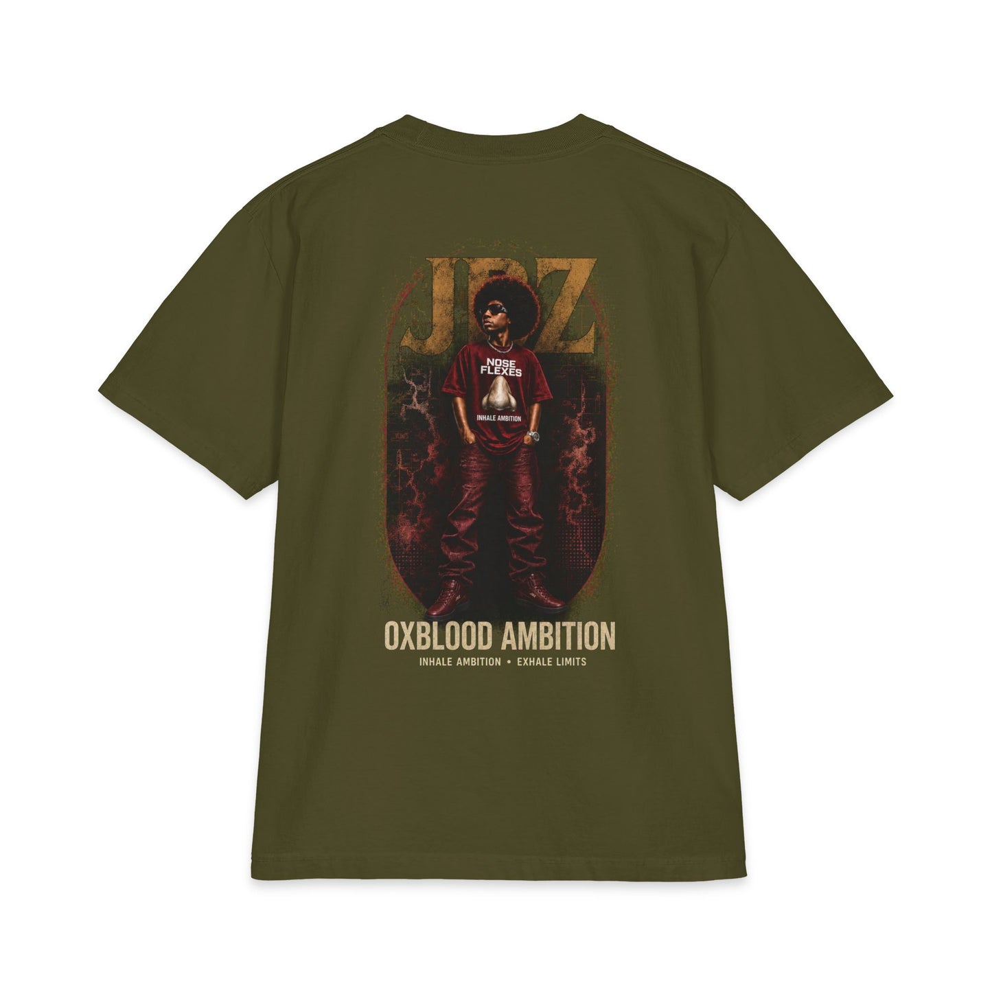 T-Shirt — Oxblood Ambition Graphic Tee (Front Nose Logo, Back Retro JAZ Portrait)