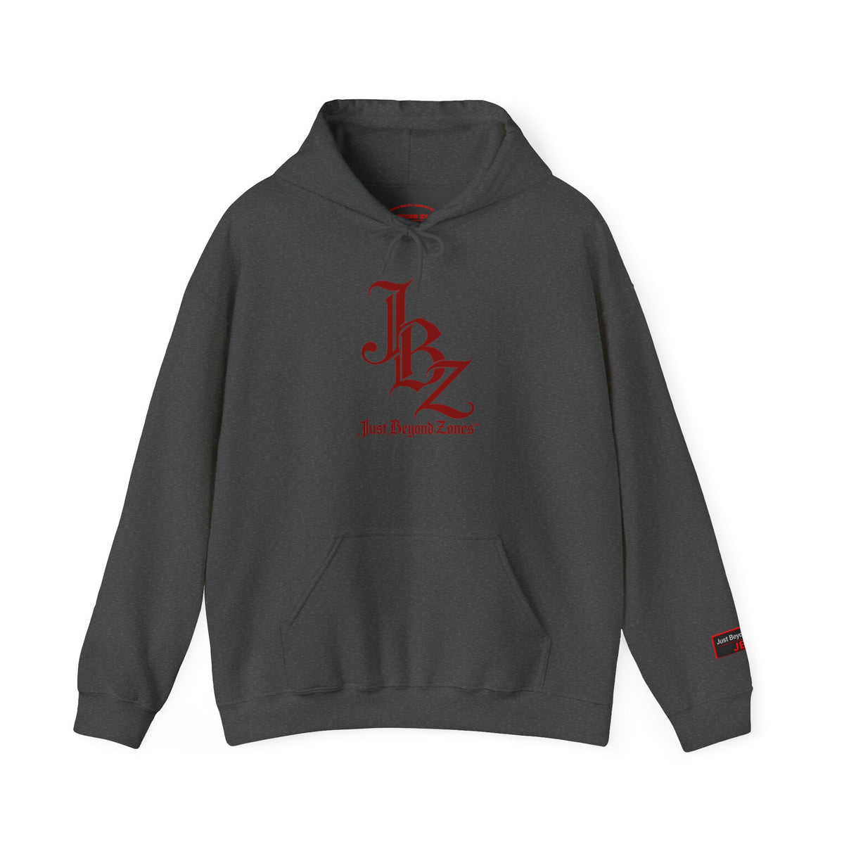 Initials Logo Hoodie — JBZ Red Gothic Script Pullover