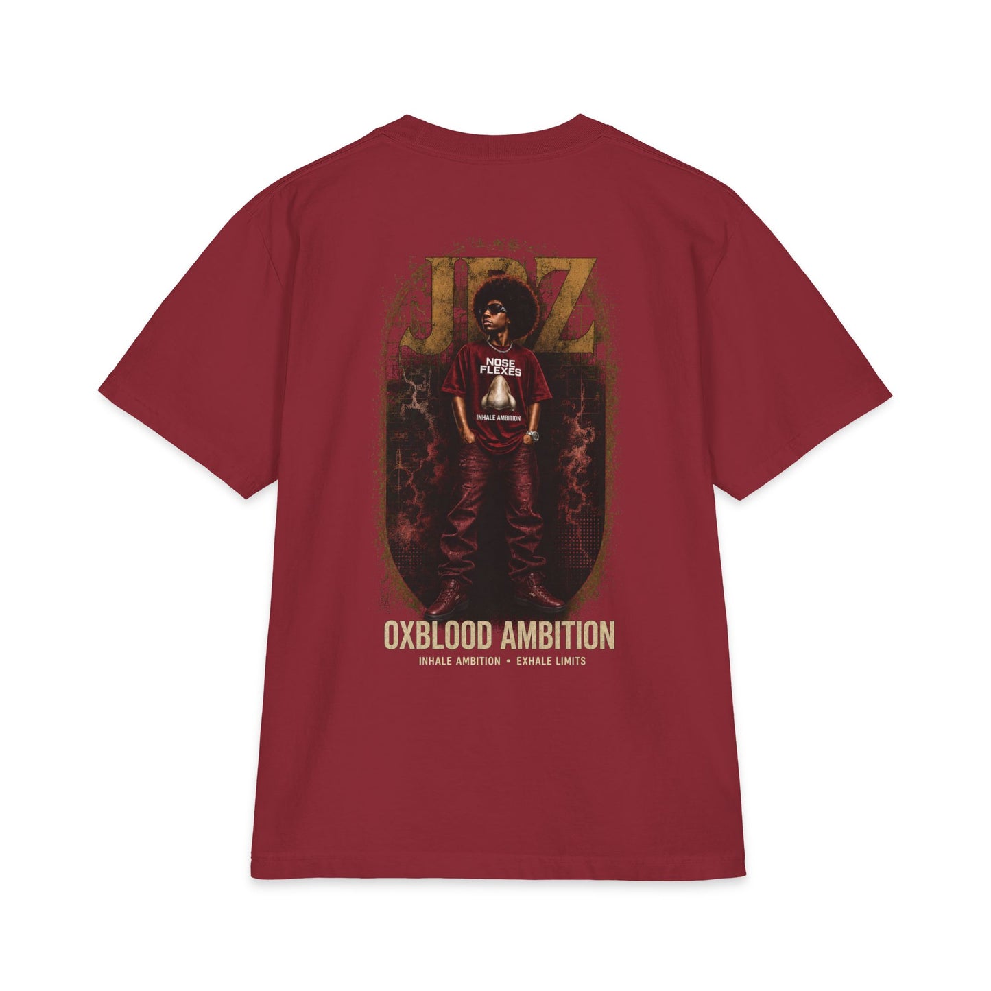 T-Shirt — Oxblood Ambition Graphic Tee (Front Nose Logo, Back Retro JAZ Portrait)