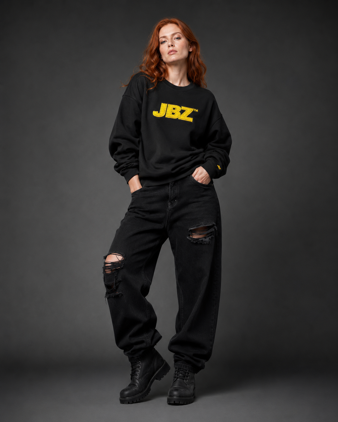 JBZ Fuzzy Logo Crewneck Sweatshirt — Black Cozy Graphic Pullover