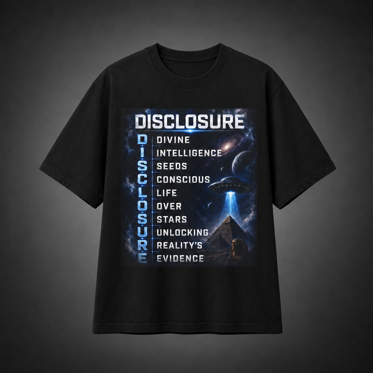 Disclosure Graphic T‑Shirt — UFO, Cosmic Art & Alien Evidence Tee