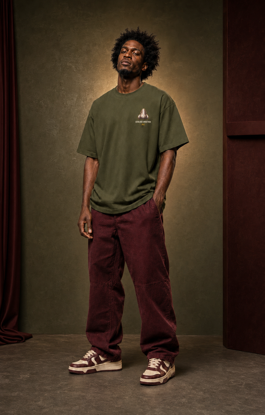 T-Shirt — Oxblood Ambition Graphic Tee (Front Nose Logo, Back Retro JAZ Portrait)