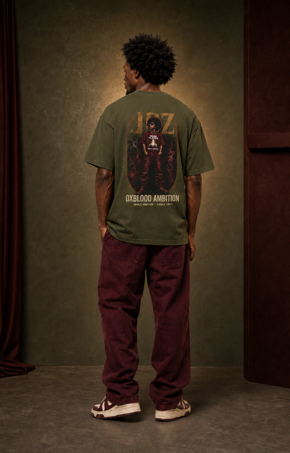 T-Shirt — Oxblood Ambition Graphic Tee (Front Nose Logo, Back Retro JAZ Portrait)