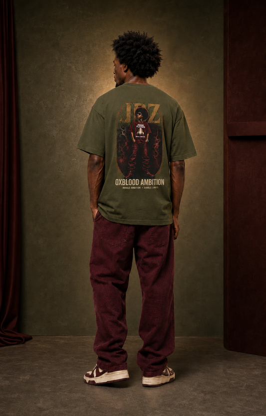 T-Shirt — Oxblood Ambition Graphic Tee (Front Nose Logo, Back Retro JAZ Portrait)